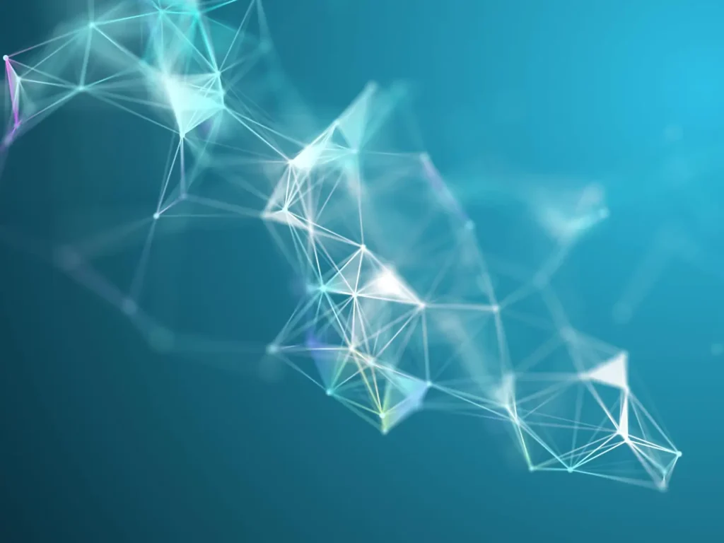 Rete digitale astratta con linee luminose e punti di collegamento che formano forme geometriche su uno sfondo sfumato blu, che rappresentano la tecnologia o la visualizzazione dei dati.
